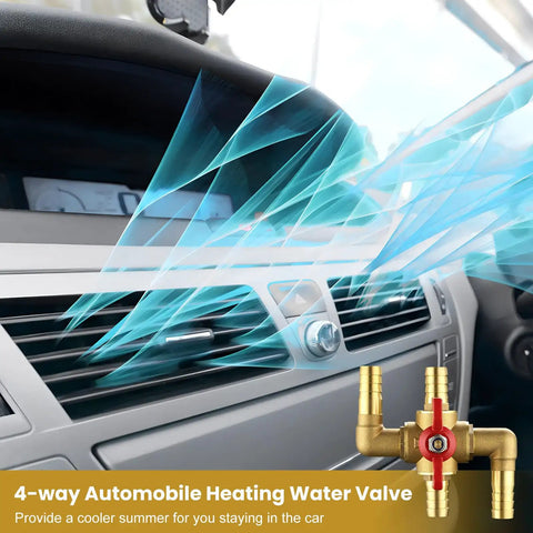4 Way Automotive Heating Water Valve With 5/8 Inch Solid Brass Build And Manual Control For Vehicle Heater AC Coolant Flow Rig Ready, shown with cool air blowing from dashboard vents.