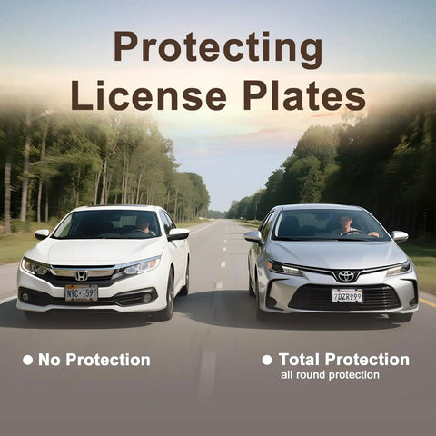 Two cars on a road, one without protection and one with Clear License Plate Cover And Frame Set 2 Pack Grey Front And Rear Holder.