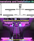 Image showing dimensions and installation of Car Interior LED Strip Lights With USB Power 5V Ambient Mood Lighting And App Control Remote Music Sync Color Changing Beads For Truck And Car Decor Includes 36 LEDs, highlighting footwell placement and cable length.