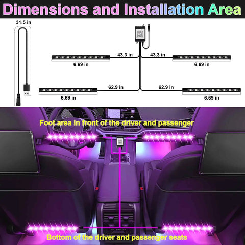 Image showing dimensions and installation of Car Interior LED Strip Lights With USB Power 5V Ambient Mood Lighting And App Control Remote Music Sync Color Changing Beads For Truck And Car Decor Includes 36 LEDs, highlighting footwell placement and cable length.