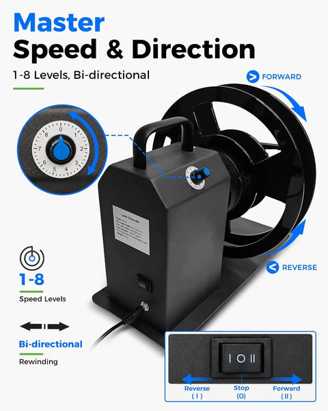 Kickass Heavy Duty Automatic Label Rewinder With Eight Speed Levels And Two Way Rewinding Tech For Coreless Rolls And Fits All Standard One Point Five Three Inch Cores No Hassle Setup speed control and bi-directional features.