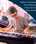 Young musician playing Yamaha keyboard, showcasing stable transmission and clear sound in a cozy living room setting.