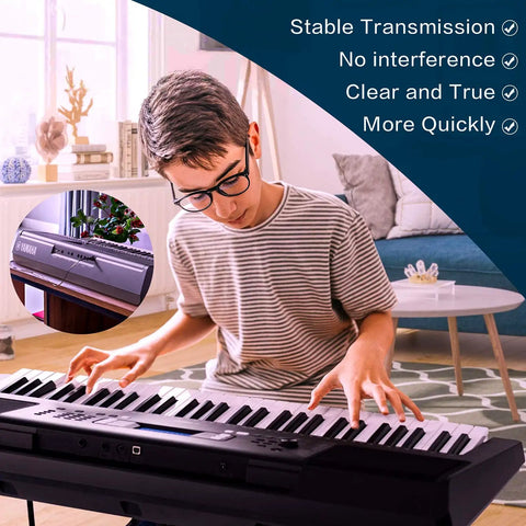 Young musician playing Yamaha keyboard, showcasing stable transmission and clear sound in a cozy living room setting.