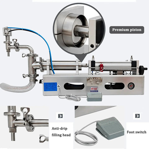 Shop Floor Ready Semiautomatic Pneumatic Liquid Filler Stainless Steel Single Head Bottle Filling Rig 300 To 2600 Ml Capacity close-up of premium piston and anti-drip head