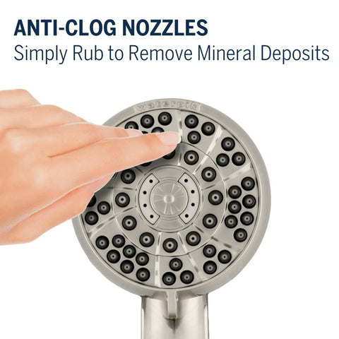 Finger touching anti-clog nozzles on High Pressure Handheld Shower Head With Hose PowerPulse Massage 6 Modes Brushed Nickel Finish