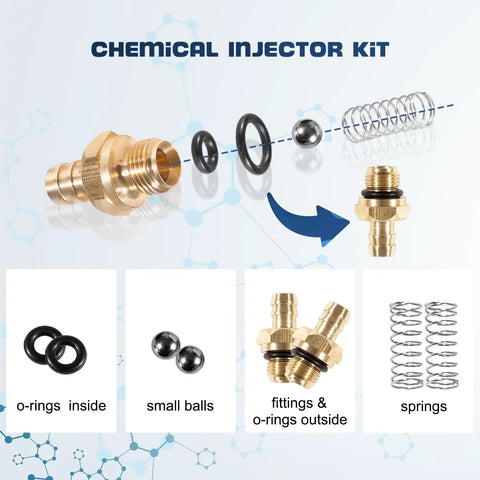Exploded view of Pressure Washer Soap Injector Kit Replacement for Briggs And Stratton, Homelite, Ryobi and Husky with components.