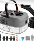 Powerful Portable Handheld Steam Cleaner With Six Adjustable Levels And 15 Second Rapid Heat Up Time To Tackle Stubborn Grease, Dirt, Grime, Tile, And Car Detailing Tasks Effortlessly Using Natural Hot Water Vapor For A Spotless Shine Without Harsh showing steam emitting from nozzle.