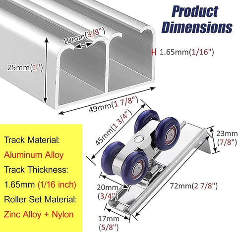 Mini Cabinet Bypass Double Sliding Barn Door Hardware Track Kit, aluminum track, roller detail, dimensions shown.