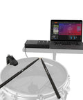 Hybrid Sensory Percussion Starter Pack Includes Sunhouse Sensory Percussion Software Portal Audio Interface One Drum Sensor And All Cables And Accessories Turn Any Drum Set Into A Customizable Music Tool shown with laptop, drum sensor, and drumsticks on snare drum