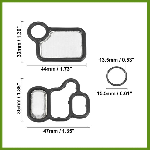 Honda VTEC Solenoid Gasket Kit Pack Of 3 Spool Valve Filter Screen With O Ring showing product dimensions