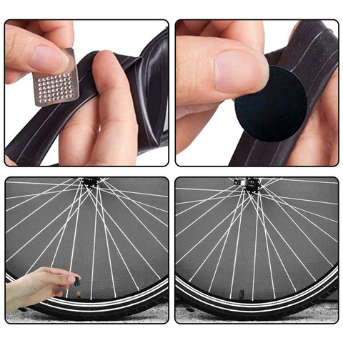 Two Pack 20 Inch Bike Inner Tubes for 1.75 to 2.15 Inch Tires with Full Repair Kit showing patch application and tire installation
