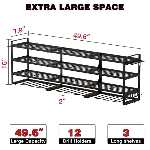 48 Inch Power Tools Organizer Wall Mount With Four Heavy Duty Shelves, 12 Drill Holders, Side Hooks And Bottom Tool Rack
