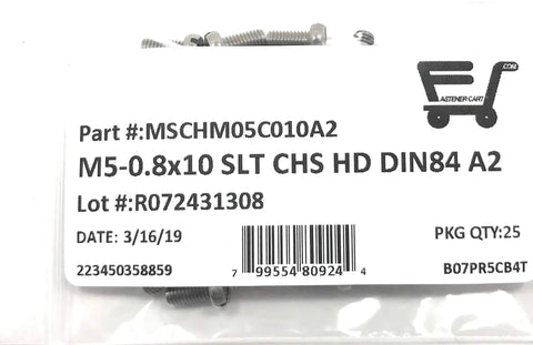 M5 X 10mm Stainless Steel Slotted Cheese Head Machine Screws Din 84 A2 70 Grade in resealable bag for repairs.