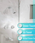 Polished Chrome Acrylic Tub And Shower Faucet Trim Kit With Two Handles installed in bathroom, showerhead and spout visible