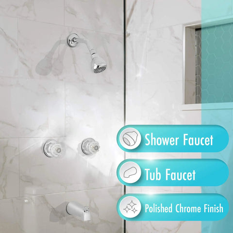Polished Chrome Acrylic Tub And Shower Faucet Trim Kit With Two Handles installed in bathroom, showerhead and spout visible