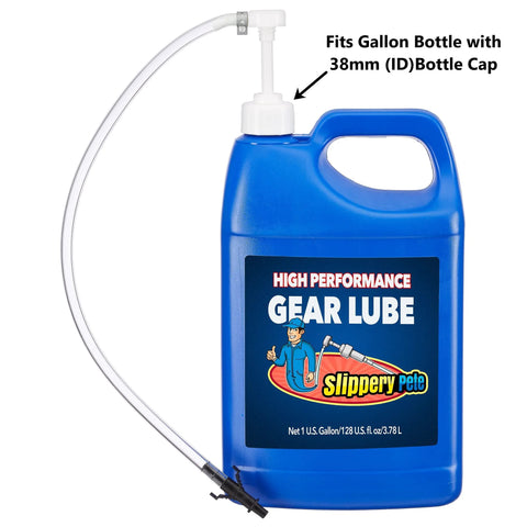 Slippery Pete gear lube fluid pump on blue gallon bottle with clear hose and white pump head