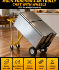 4 In 1 Convertible Hand Truck With 1000 Lb Capacity Dolly Cart And Wheels, Built Tough Heavy Duty Steel Frame For Moving Furniture And Boxes, Easy Load Transfer, Portable Mobility, And Versatile All Purpose Use. Folded yellow steel dolly on wood floor