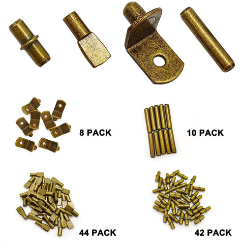 Heavy Duty Steel Shelf Pins And Pegs Kit Packs 104 Dang Tough Pieces for Bookshelves Cabinets with various bronze steel peg sizes.
