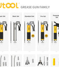 Utool grease gun family including Heavy Duty 8000 PSI Pistol Grip Grease Gun Kit With 14 Oz Capacity And 18 Inch Resin Flex Hose options