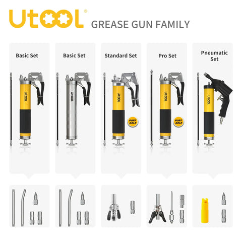 Utool grease gun family including Heavy Duty 8000 PSI Pistol Grip Grease Gun Kit With 14 Oz Capacity And 18 Inch Resin Flex Hose options