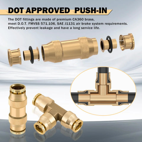 Front view of brass DOT air line fittings kit with push-lock fittings and 1/4 in and 3/8 in tubing