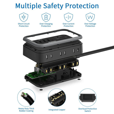 Internal components of Six Widely Spaced Outlets Power Strip With Two-Sided Design And Four USB Ports, 15 Ft Flat Plug Extension Cord
