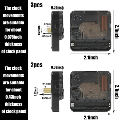 Dope 5 Pack High Torque Quartz Clock Movements Kit With 12 Pairs Of Hands For DIY Clock Repair And Craft Projects Including Gaskets And Hooks Shaft Lengths 13mm And 18mm Replacement Clock Parts showing measurements and thickness suitability details