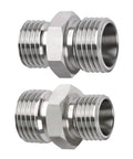Two stainless steel hydraulic hose thread connectors with hex nut for mini excavator attachments (2 pcs).