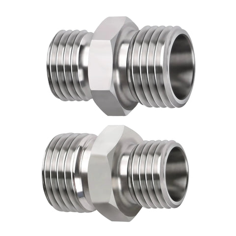 Two stainless steel hydraulic hose thread connectors with hex nut for mini excavator attachments (2 pcs).