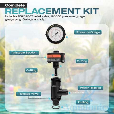 Aquatonics replacement kit with pressure gauge, relief valve, O-rings, and clip; 1-pack