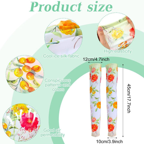 12 Pairs Gardening Arm Sleeves For Women And Men All Day Sun Shield Cooling Flower Pattern Sleeves For Farmers And Gardeners Built For Work Running Sports Cycling Hiking shown with size and floral detail
