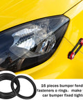 Close-up of 50 pieces car bumper fasteners set with O rings and black washers on yellow car for quick release bumper fix