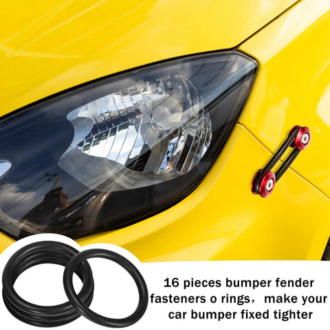 Close-up of 50 pieces car bumper fasteners set with O rings and black washers on yellow car for quick release bumper fix