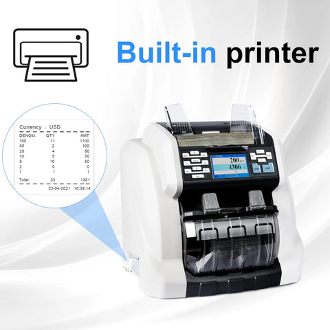 Dual Pocket Money Counter With Built In Receipt Printer And Bank Grade Counterfeit Detection For Hustle Ready Cash Sorting And Serial Number Tracking showing built-in printer and display.