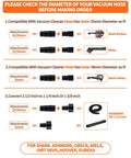 Universal vacuum hose adapter compatibility guide with dimensions for 32/35mm and 38mm hoses, suitable for Shark, Kenmore, Miele vacuums.