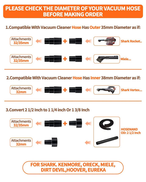 Universal vacuum hose adapter compatibility guide with dimensions for 32/35mm and 38mm hoses, suitable for Shark, Kenmore, Miele vacuums.