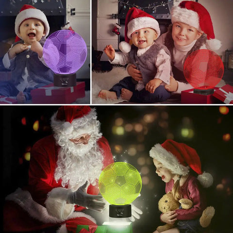 Children with 3D Soccer Night Light With Touch Control, 7 Color Changing LED Illusion Lamp, and Santa, creating festive ambiance.
