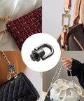 Hella Sturdy Gun Black D Ring Purse Hardware Kit Featuring Premium Zinc Alloy Ball Post Stud Screws and Slick Metal Rivets For Top Tier Leather Craft Projects, showcased on various bags.