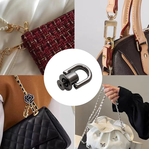 Hella Sturdy Gun Black D Ring Purse Hardware Kit Featuring Premium Zinc Alloy Ball Post Stud Screws and Slick Metal Rivets For Top Tier Leather Craft Projects, showcased on various bags.