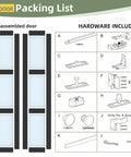 Packing list showing Black Interior Bifold Closet Door Set For 36 By 80 Opening with 3 Lite Tempered Frosted Glass and hardware