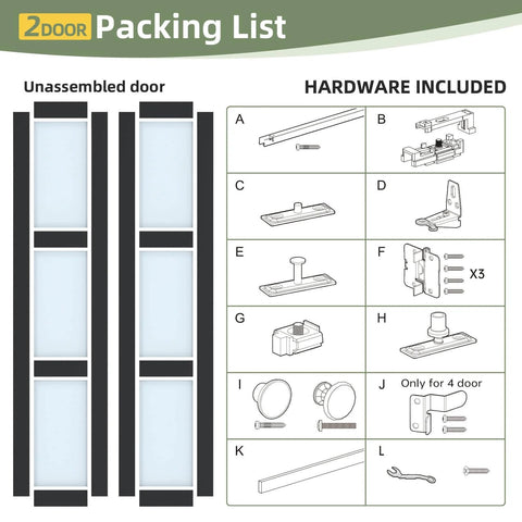 Packing list showing Black Interior Bifold Closet Door Set For 36 By 80 Opening with 3 Lite Tempered Frosted Glass and hardware