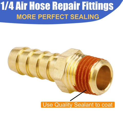 12 Pack Brass Air Hose Repair Kit Fittings 3/8 Barb to 1/4 NPT Connectors With Sealant and Air Line Coupler, shown with sealant