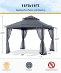 Outdoor Patio Gazebo 11x11 With Double Roof Canopy And Mosquito Netting For Backyard Deck Garden And Lawn In Dark Gray No Fuss Setup Sturdy Iron Frame With Anti Rust Coating Weatherproof Outdoor Shelter, front view