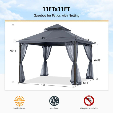 Outdoor Patio Gazebo 11x11 With Double Roof Canopy And Mosquito Netting For Backyard Deck Garden And Lawn In Dark Gray No Fuss Setup Sturdy Iron Frame With Anti Rust Coating Weatherproof Outdoor Shelter, front view
