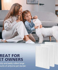 Family with dog and 3 Pack C545 HEPA Replacement Filter S for C545 Air Purifier in foreground, highlighting air purification.