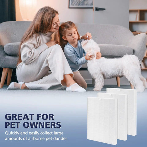 Family with dog and 3 Pack C545 HEPA Replacement Filter S for C545 Air Purifier in foreground, highlighting air purification.