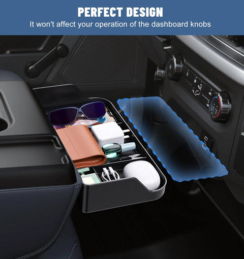 Ford Jump Seat Center Console Organizer Front Armrest Tray For 2011-2025 F150 F250 F350 F450 F550 F650 Trucks showing compartments with items inside