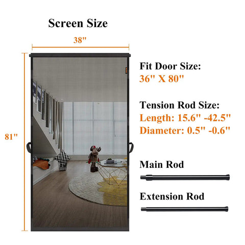 Hanging Screen Door For 36x80 Openings With 38x81 Curtain Size, Upgraded Fiberglass Mesh, Tension Rod, Gray Display