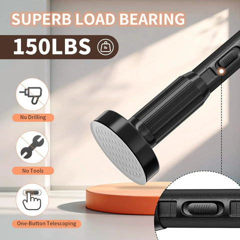 Close-up of Heavy Duty Tension Curtain Rod 41 To 86 Inches No Drilling Easy Install, black finish, showing load capacity and no-drill install.