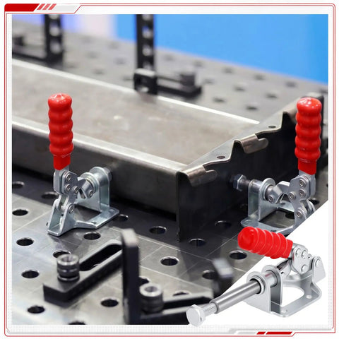 12 Pack 302F Toggle Clamps 300 Pound Heavy Duty Push Pull Hold Down For Woodworking With 180 Degree Swivel Handle Knockout Grip on metal workbench.